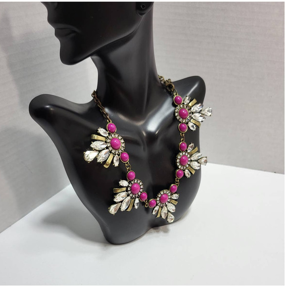 17" Pink Cabochon Rhinestone Statement Choker Necklace - Picture 3 of 7